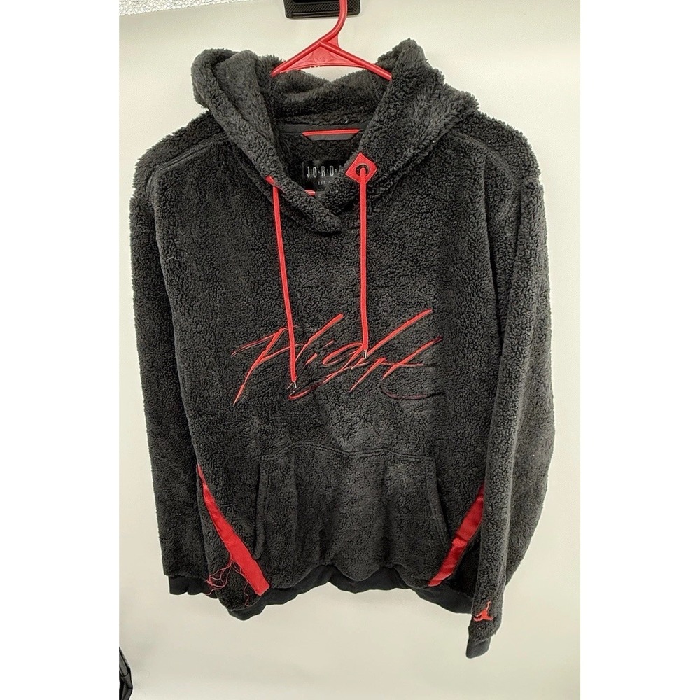 Jordan Flight Men's M Sherpa Fleece Hoodie Black Red Pullover Jumpman SEE PICS